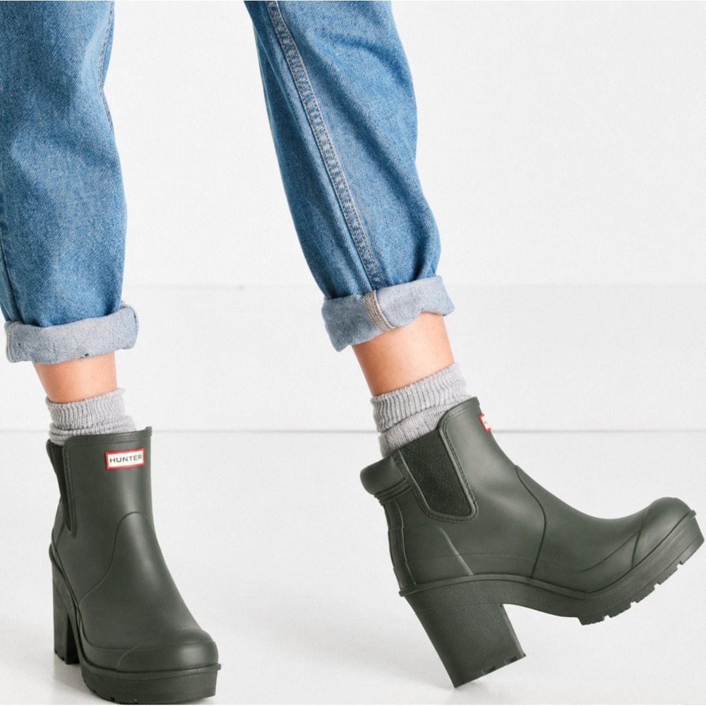 Hunter Original High Heel Chelsea Boots Black Rubber Rain Ankle US 9
